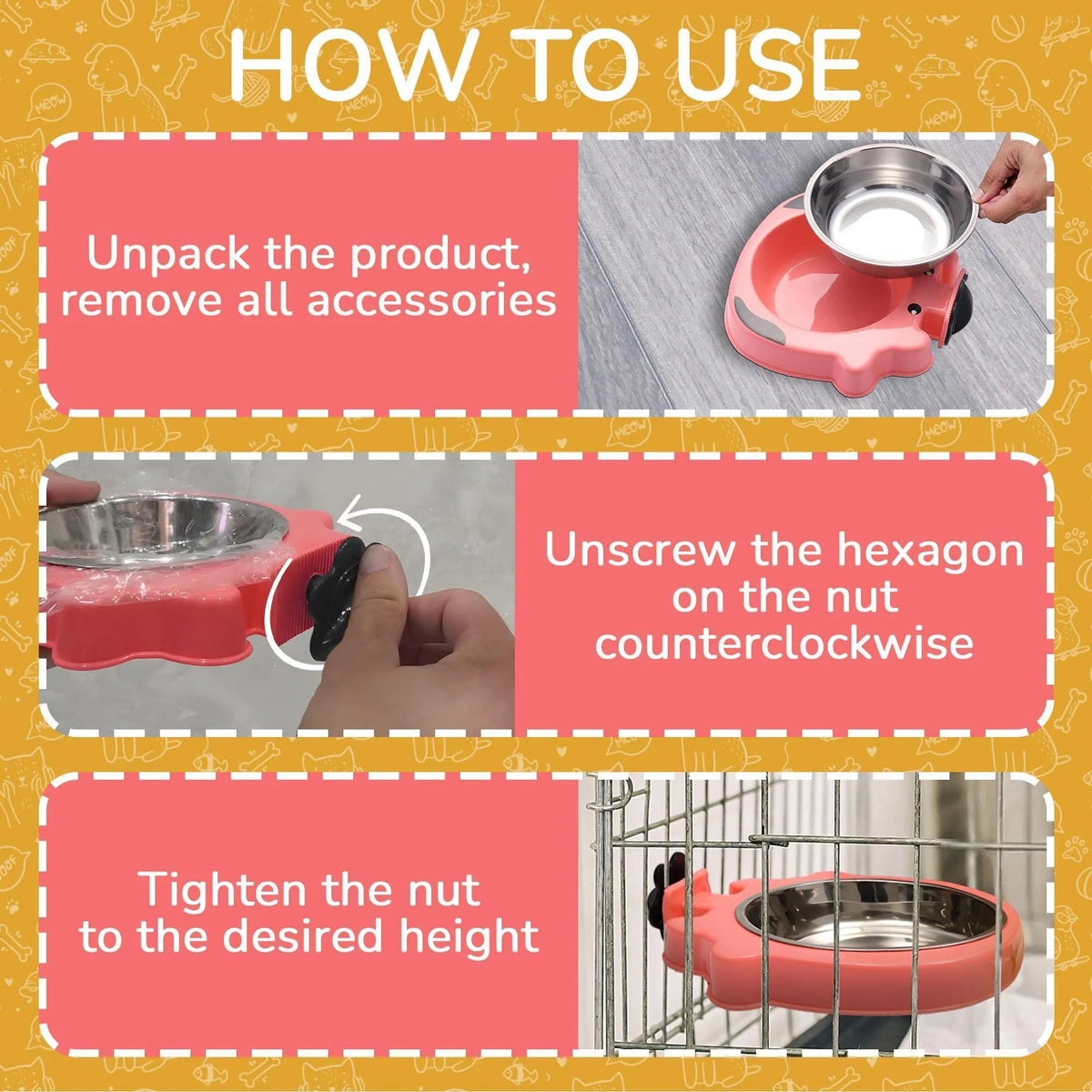 Instructions on how to use a pet bowl with a pink base and metal bowl on a yellow background.