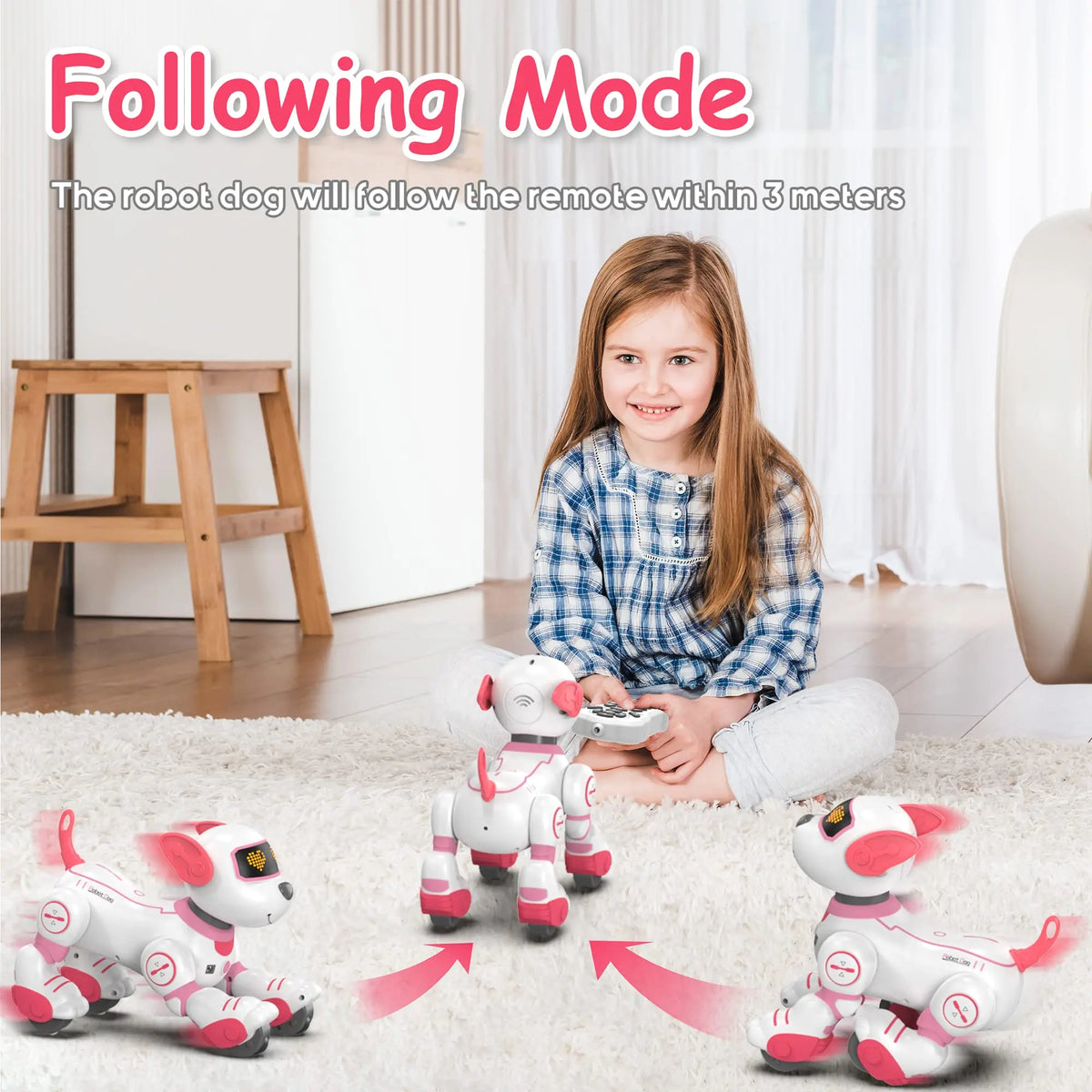 Child playing with a robot dog toy in a home setting