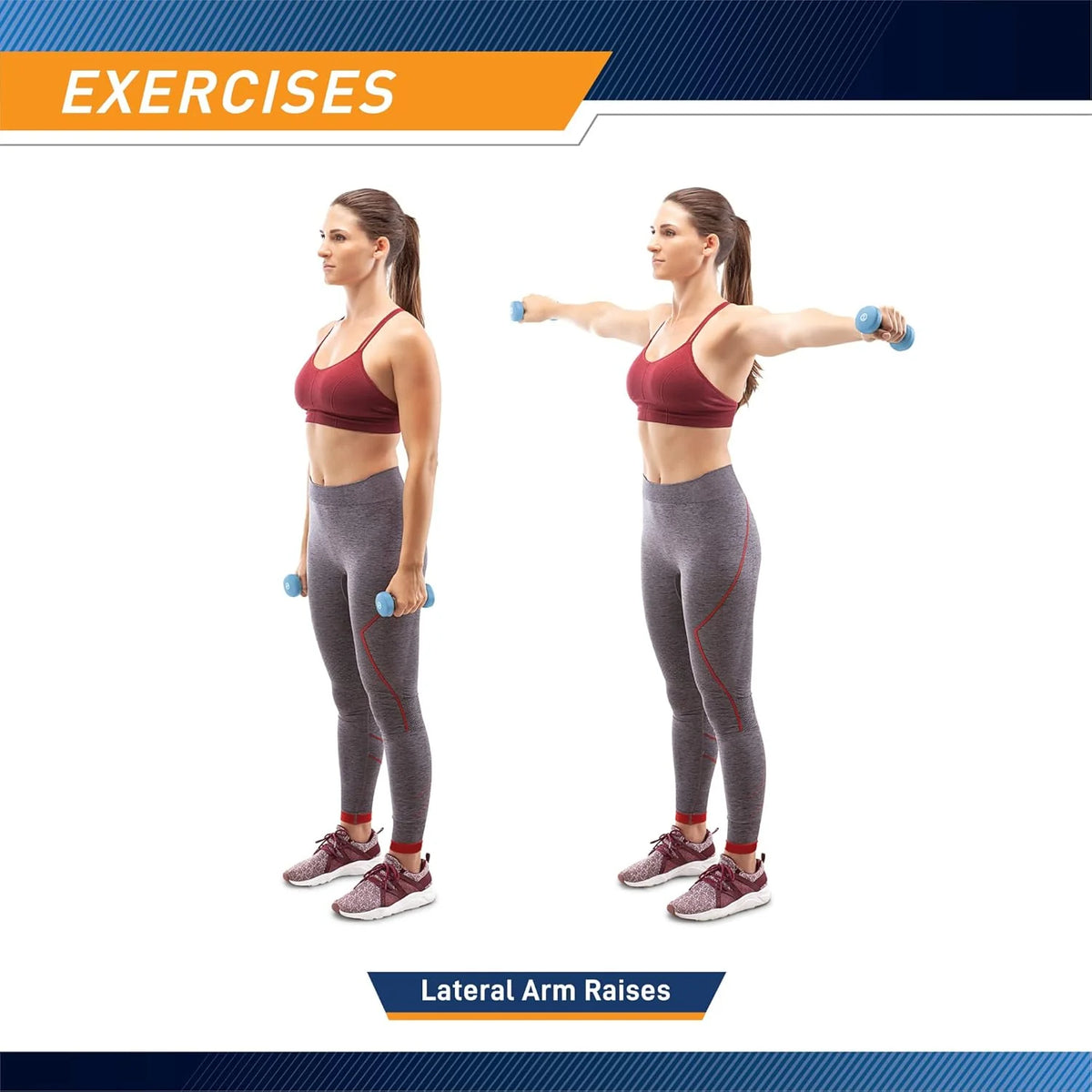 Woman performing lateral arm raises with dumbbells on a white background