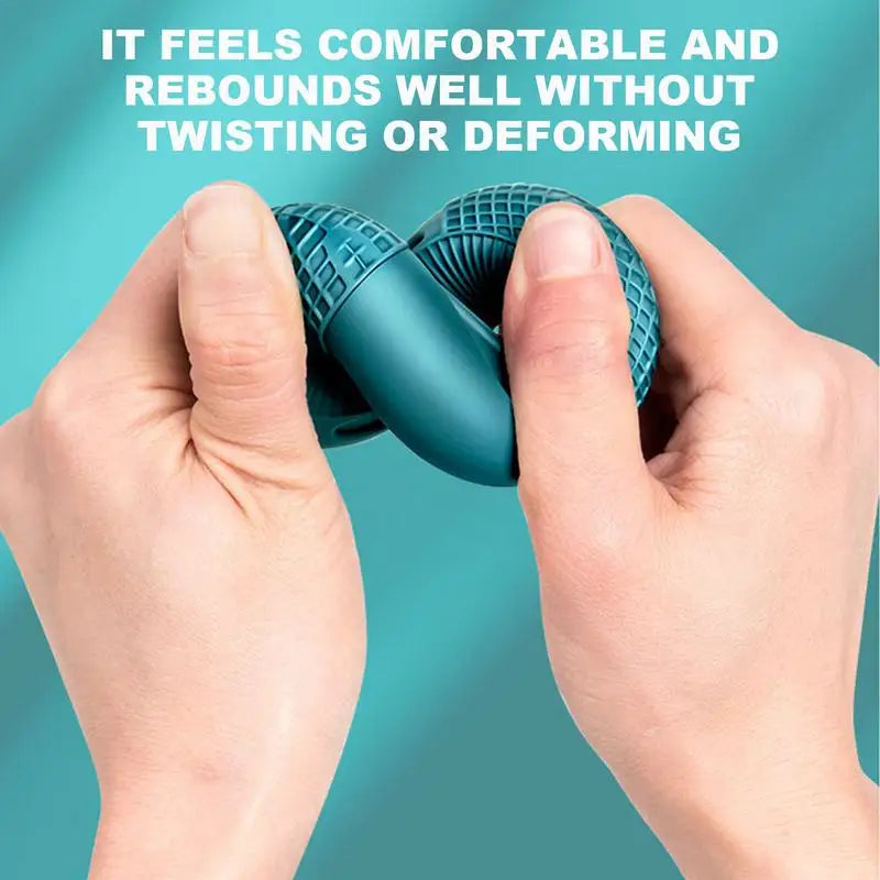 Blue exercise ball being held by hands with text on a teal background