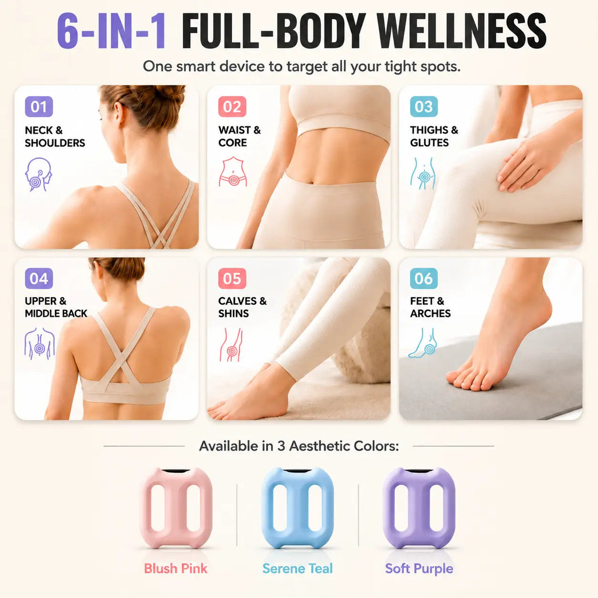 A promotional infographic for a 6-in-1 full-body wellness massager, showing six panels with women demonstrating targeted areas such as neck, shoulders, waist, thighs, feet, and back. The top text reads '6-IN-1 FULL-BODY WELLNESS,' and the bottom section states the device is available in three aesthetic colors: blush pink, serene teal, and soft purple, with small product color swatches below.
