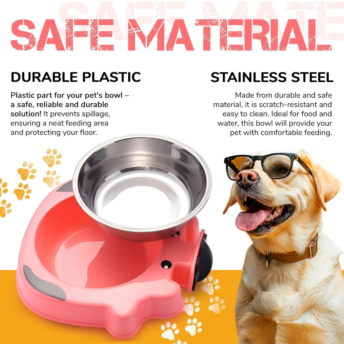 Pet bowl with stainless steel interior and durable plastic exterior, featuring a dog wearing glasses.