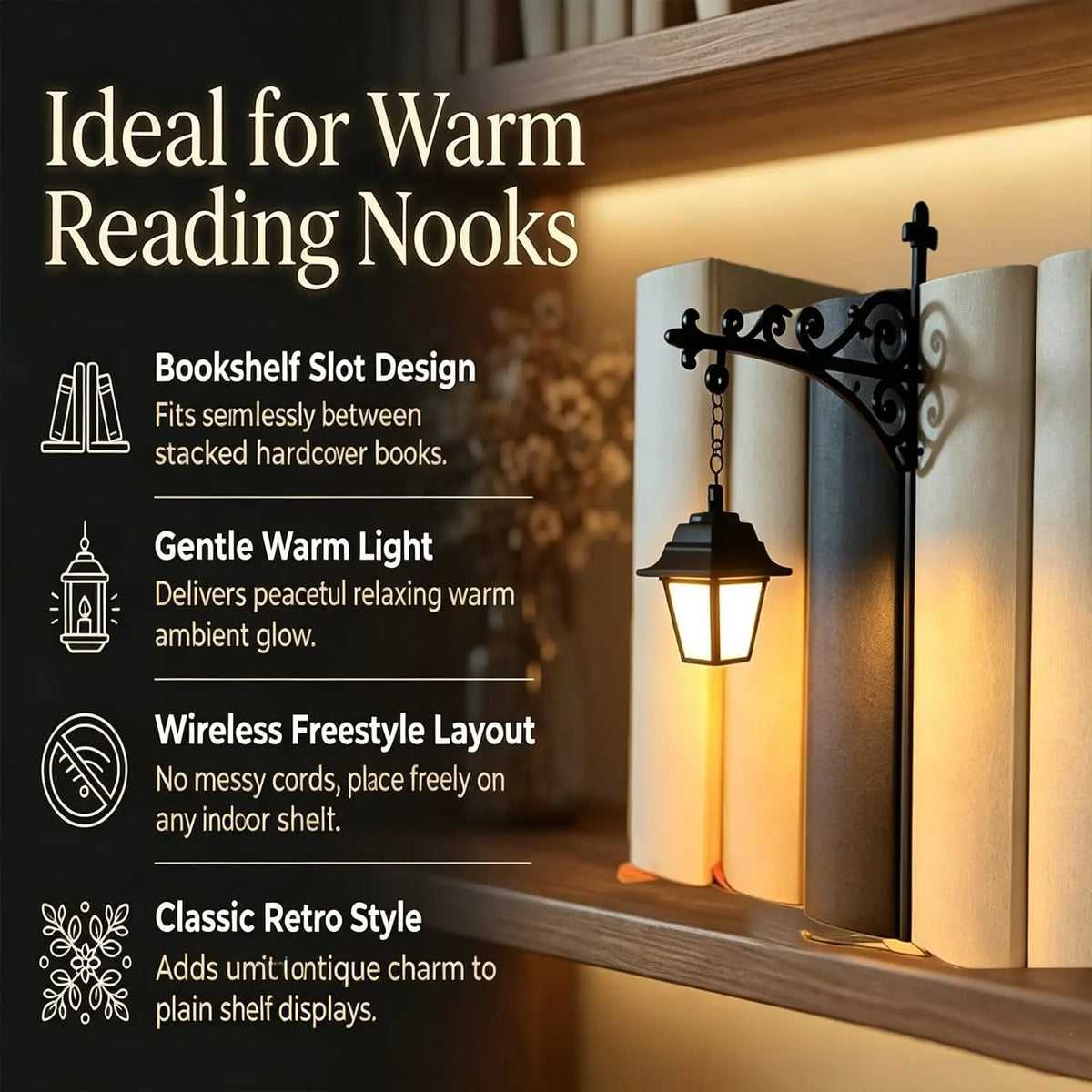 A warm white reading light designed to look like a black wrought-iron outdoor wall sconce, shown mounted on a wooden bookshelf between open books. The left side of the image features a dark panel with text highlighting its features: 'Ideal for Warm Reading Nooks', 'Bookshelf Slot Design', 'Gentle Warm Light', 'Wireless Freestyle Layout', and 'Classic Retro Style'.