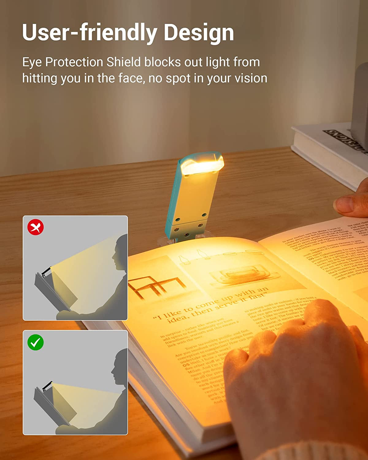 Book light being used to read a book with eye protection shield feature highlighted.