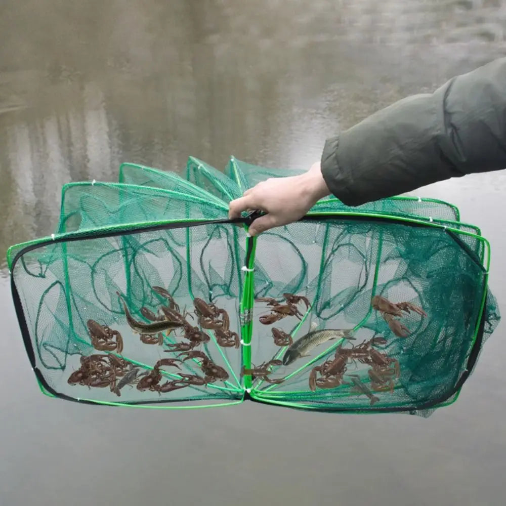 Durable Foldable 6/8/10 Holes Fishing Net Green Hand Fishing Net Nylon 40~82cm Crayfish Shrimp Catcher
