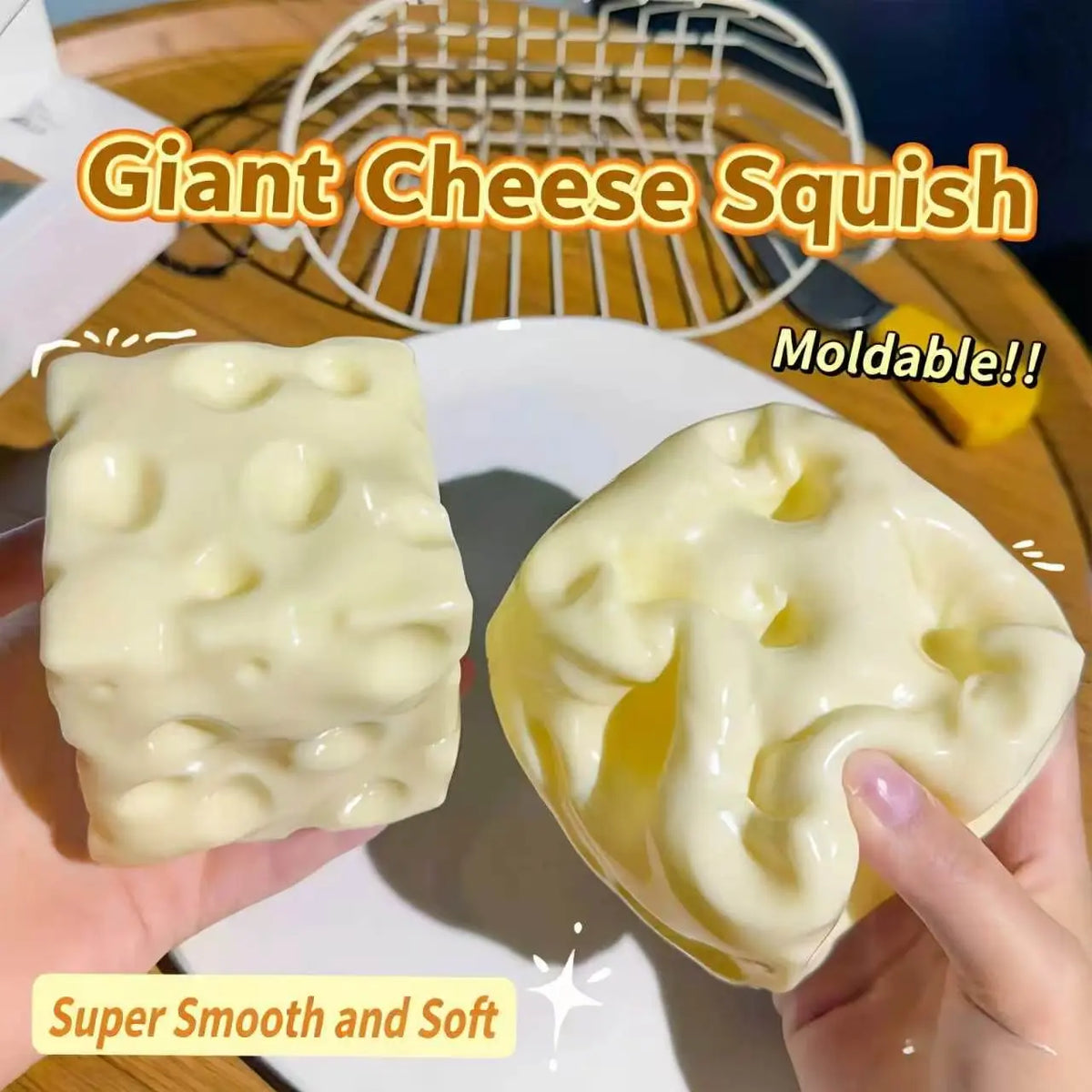 Two moldable cheese squish toys held by hands with text indicating their properties.