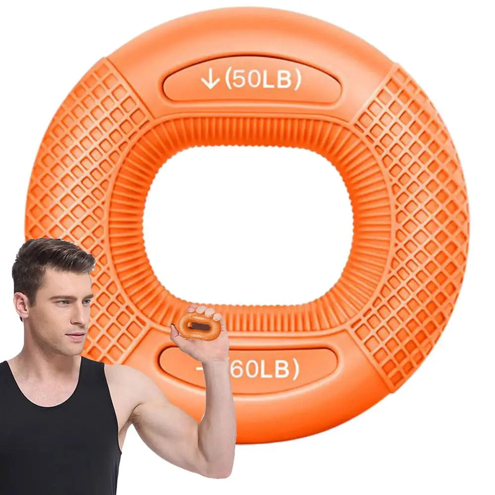 Orange exercise disc with weight indicator held by a person on a white background