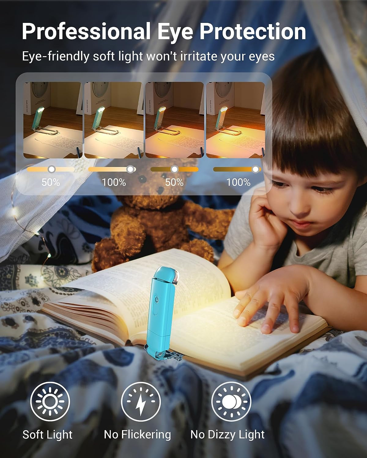 Child reading a book with a blue light on a bed, highlighting eye protection features.