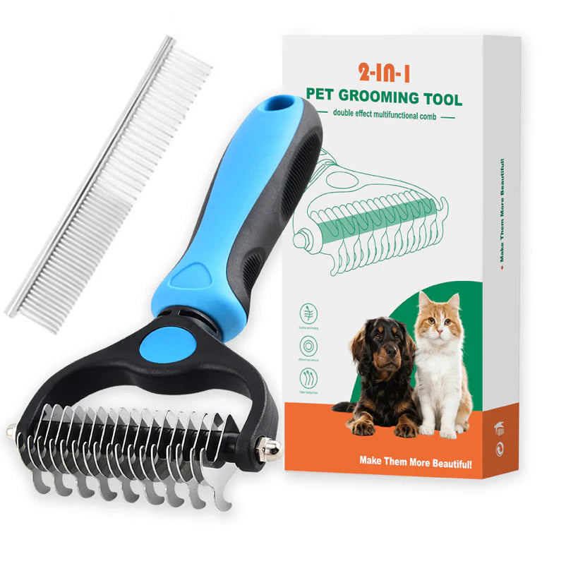 Pet grooming tool with blue handle and comb, next to its packaging on a white background