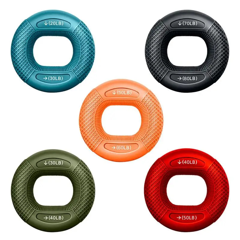 Set of five resistance rings in blue, black, orange, green, and red with weight labels on a white background.