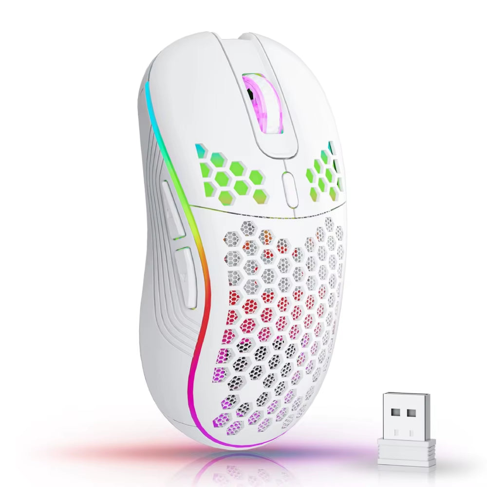 Gaming mouse with colorful design and USB receiver on a white background