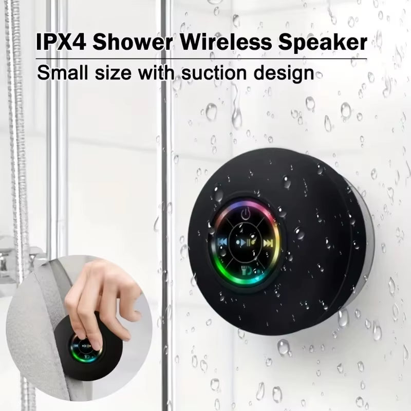 IPX4 Shower Wireless Speaker with suction design on a shower wall.