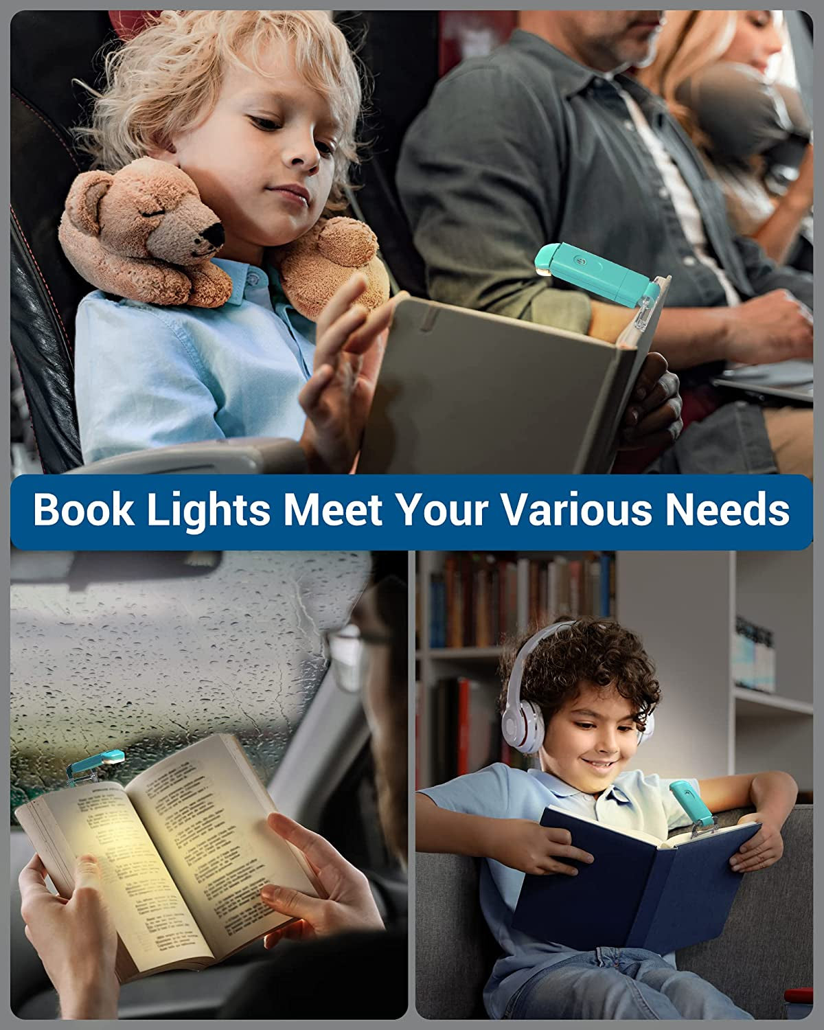 Collage of children reading with book lights in various settings.