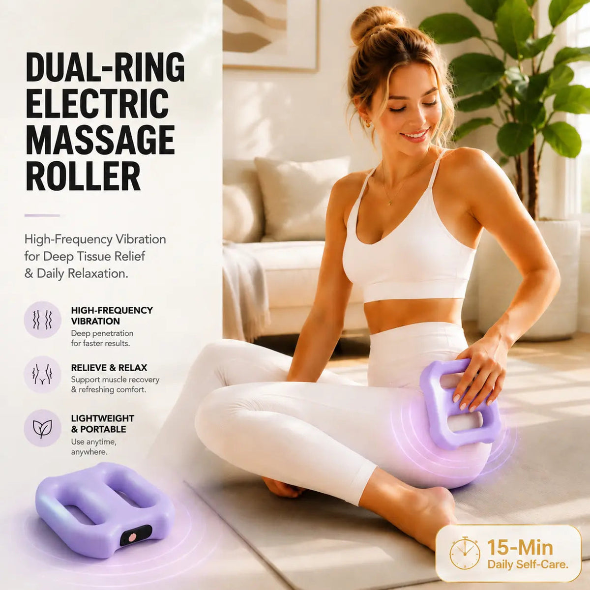 A woman in a white sports bra and leggings sits on a yoga mat in a bright living room, using a lavender-purple dual-ring electric massage roller. The left side features product text reading 'DUAL-RING ELECTRIC MASSAGE ROLLER' with feature callouts, and a second view of the purple roller is shown in the lower left corner.