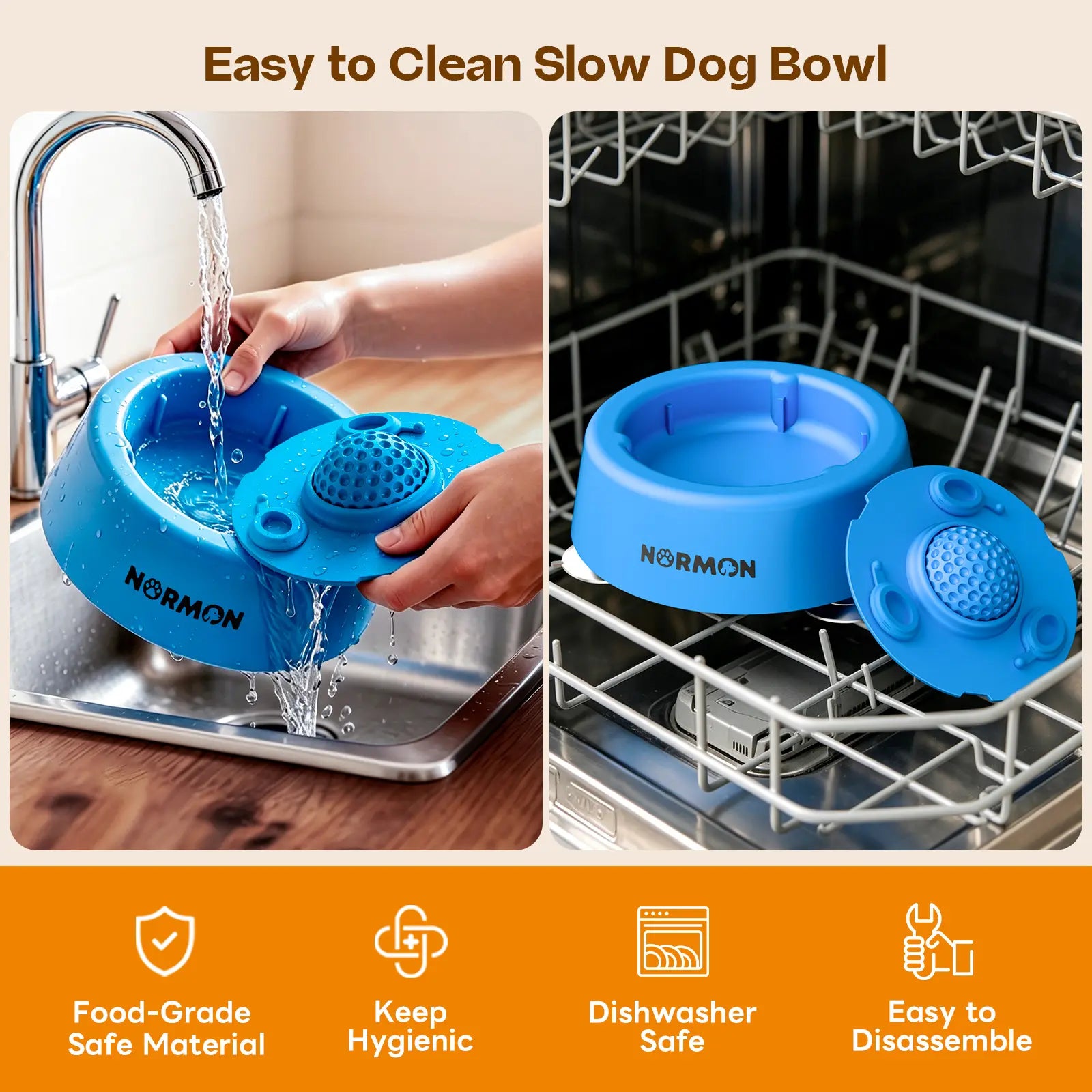 Normon Slow Feeder Dog Bowl with Suction Base, No-Spill Dog Lick Bowl for Bone Broth, Yogurt & Liquid Treats, Rolling Ball Pet Feeding Bowl for Puppies, Small Medium Large Dogs