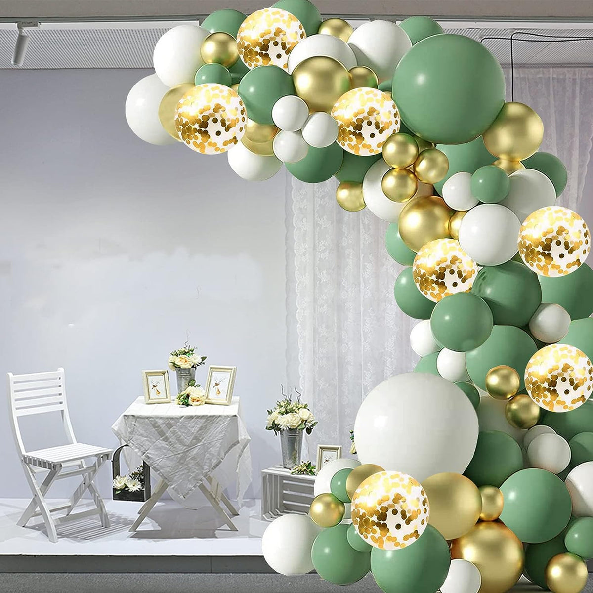 Sage Green White Gold Balloons Garland Arch Kit