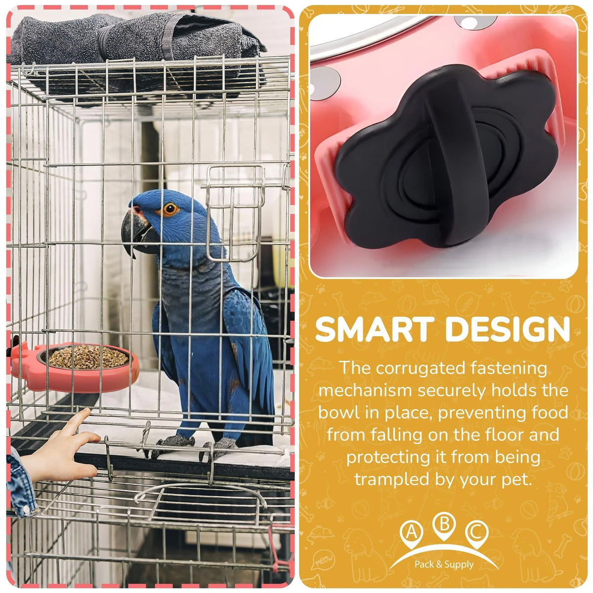 Blue parrot in a cage with a promotional card about a smart design product.
