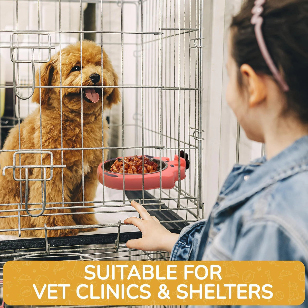 Dog in a cage with a person reaching through the bars, accompanied by text 'Suitable for Vet Clinics & Shelters'.