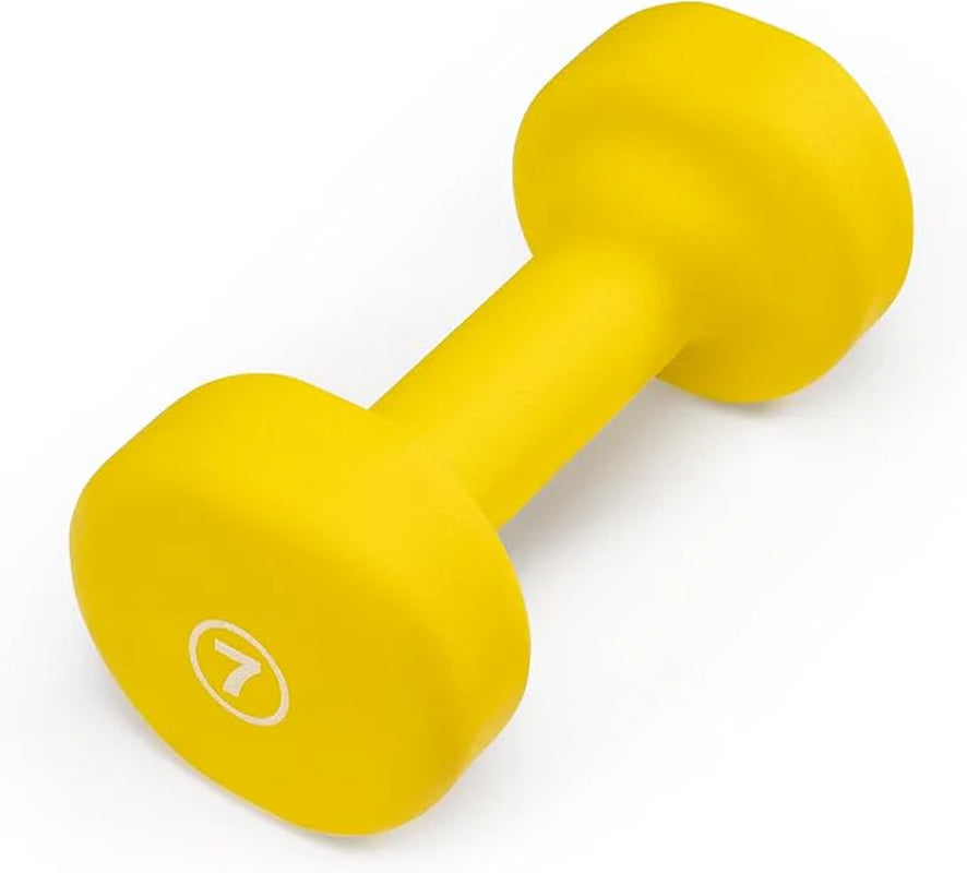 Yellow dumbbell with a brand logo on a white background