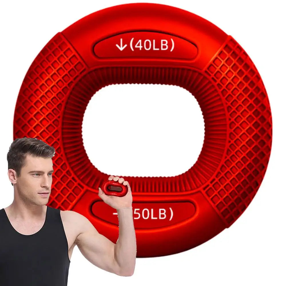 Red weightlifting ring with 40lb and 50lb markings, held by a person.