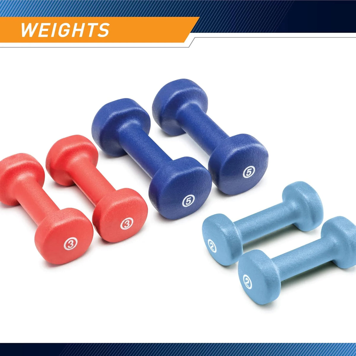 Set of red and blue dumbbells with weight markings on a white background