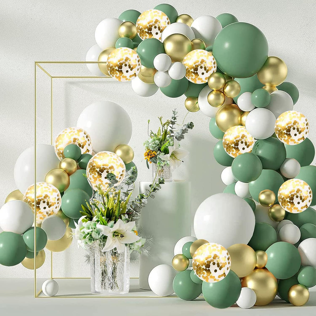 Sage Green White Gold Balloons Garland Arch Kit