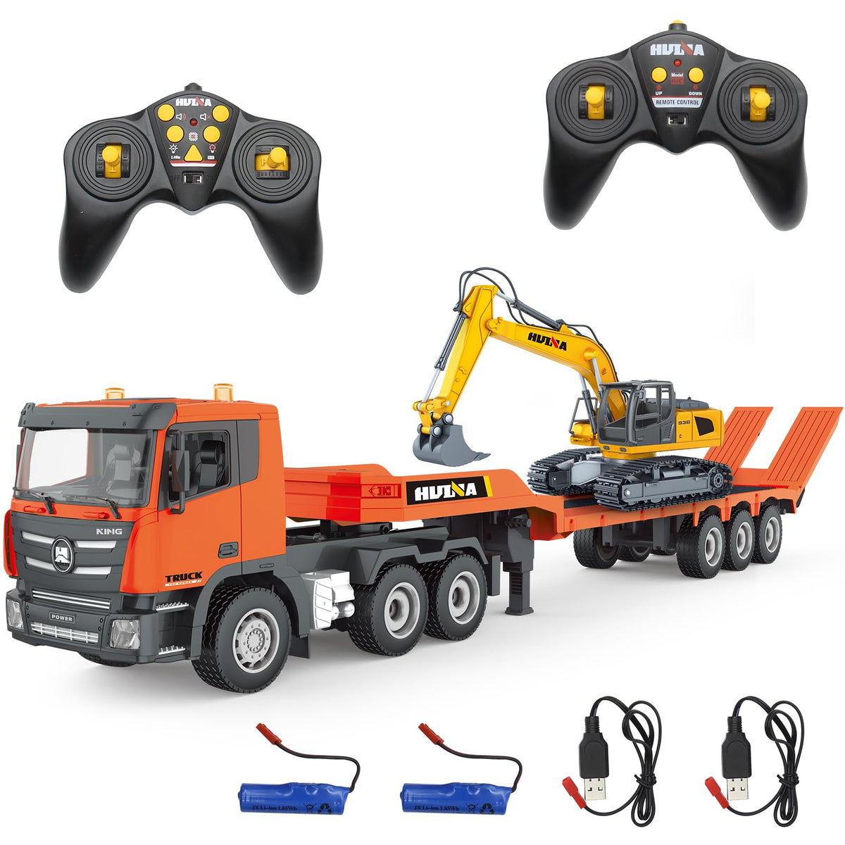 RC Semi Truck & Excavator Toy Set 2.4Ghz Remote Control Flatbed Truck with Excavator