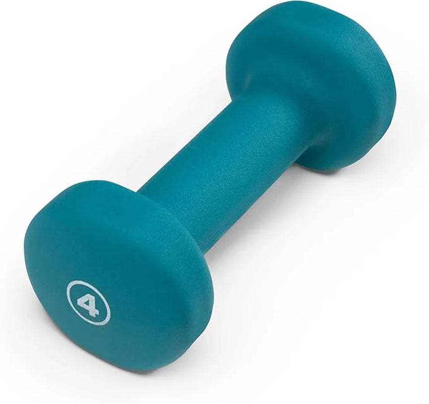 Pair of teal dumbbells with a number 4 on a white background