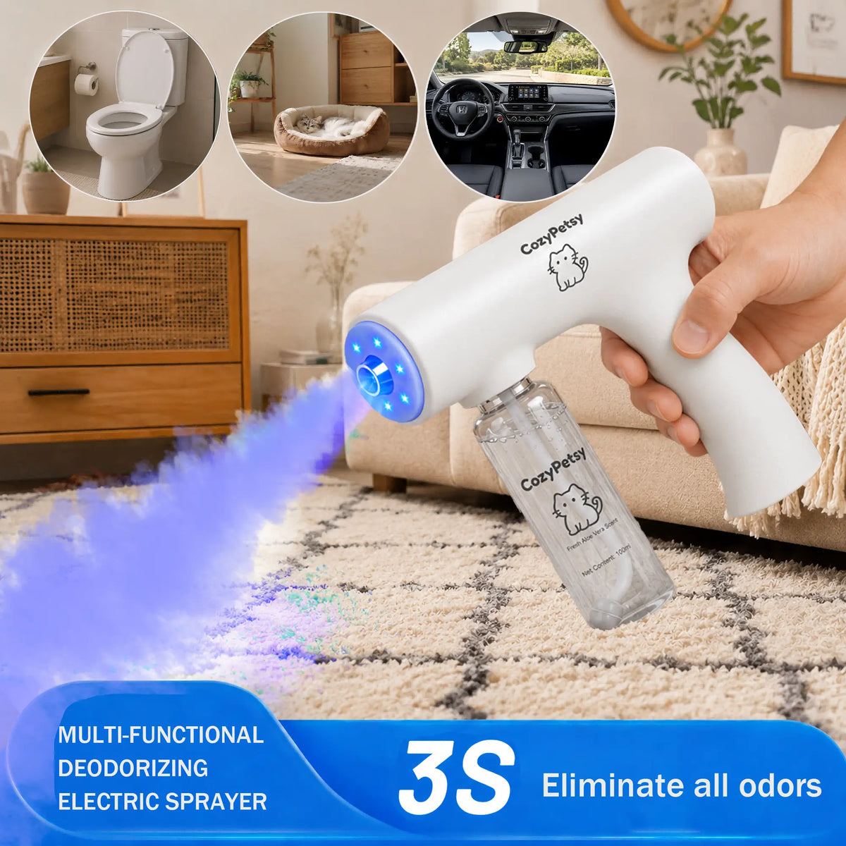 Electric pet odor eliminator spray gun kit, full view