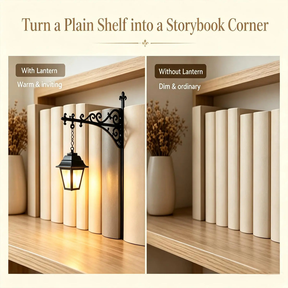 A comparison graphic showing a wooden shelf bookcase corner with and without a black metal lantern sconce. The left panel is labeled 'With Lantern' and says it is 'Warm & inviting,' while the right panel is labeled 'Without Lantern' and says it is 'Dim & ordinary.
