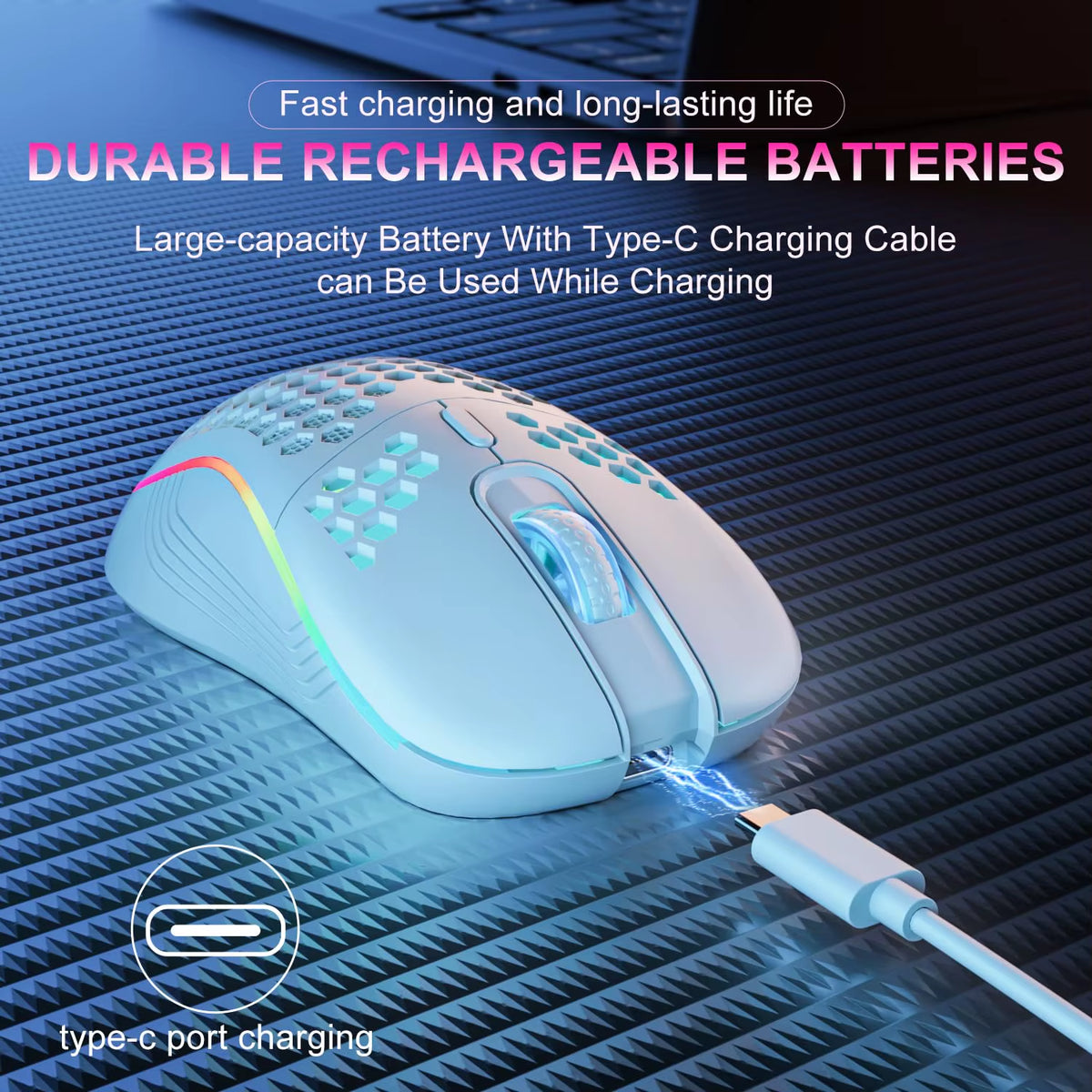 Gaming mouse with charging cable on a blue grid background, emphasizing durable rechargeable batteries.