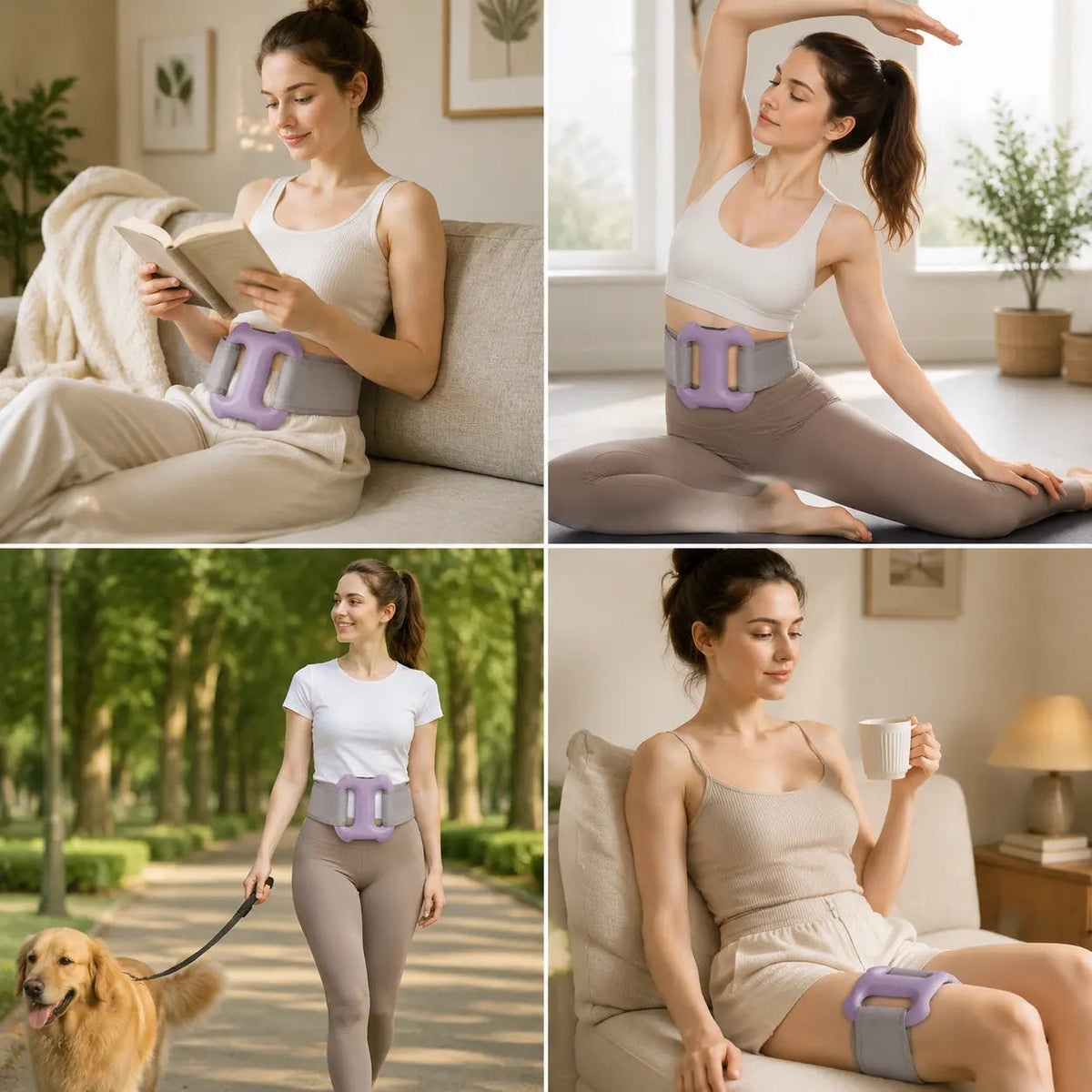 A four-panel collage showing a woman using a lavender and gray waist trainer belt in different daily scenarios: sitting on a couch reading, stretching on a mat, walking a golden retriever, and relaxing while holding a mug using massager. 