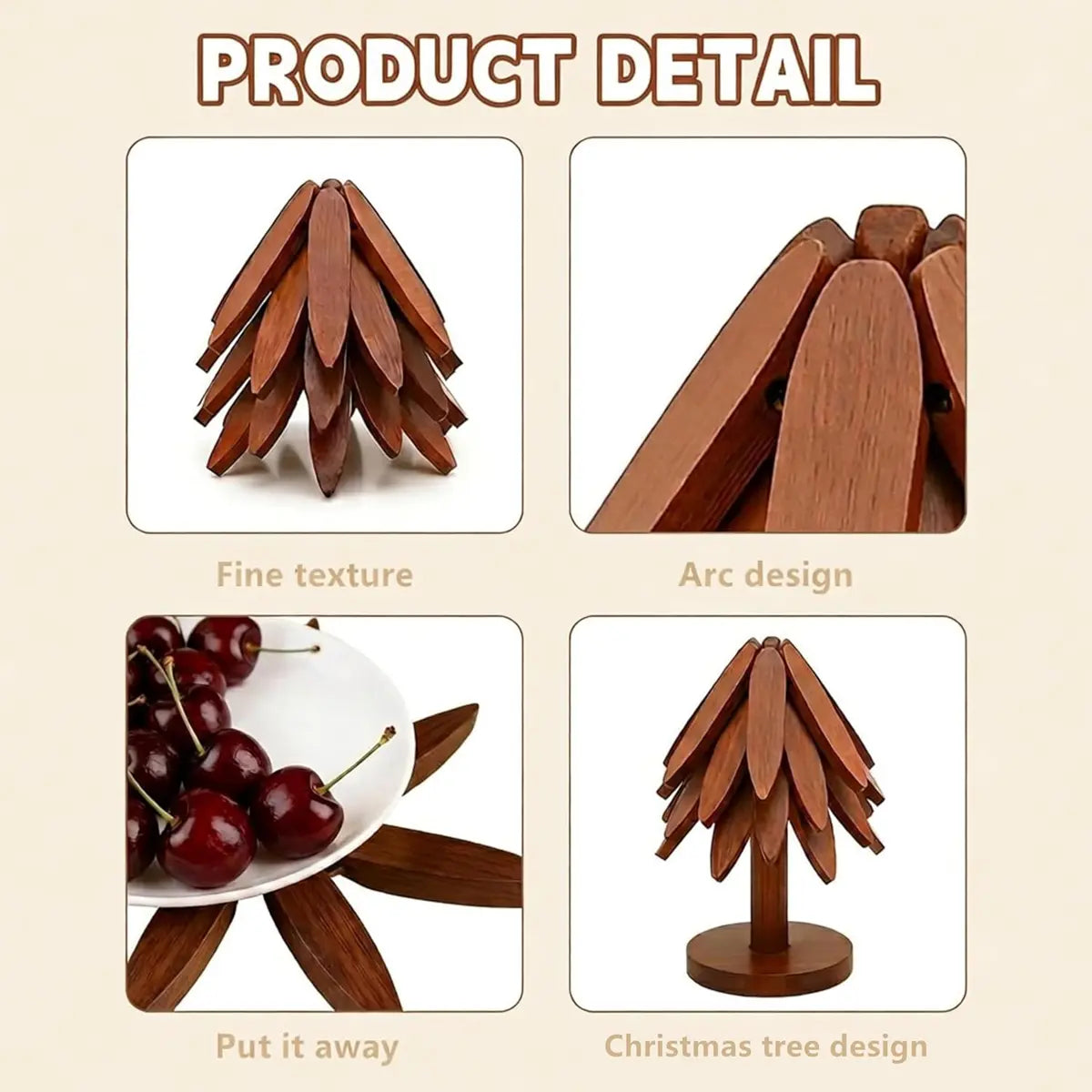 Natural Tree Wooden Trivet Set - 5 Trivets & 1 Stand, Heat-Resistant Foldable Kitchenware, Durable Solid Wood, Home Tree-Shaped Coasters for Hot Dishes, Multi-Functional, Christmas Gift