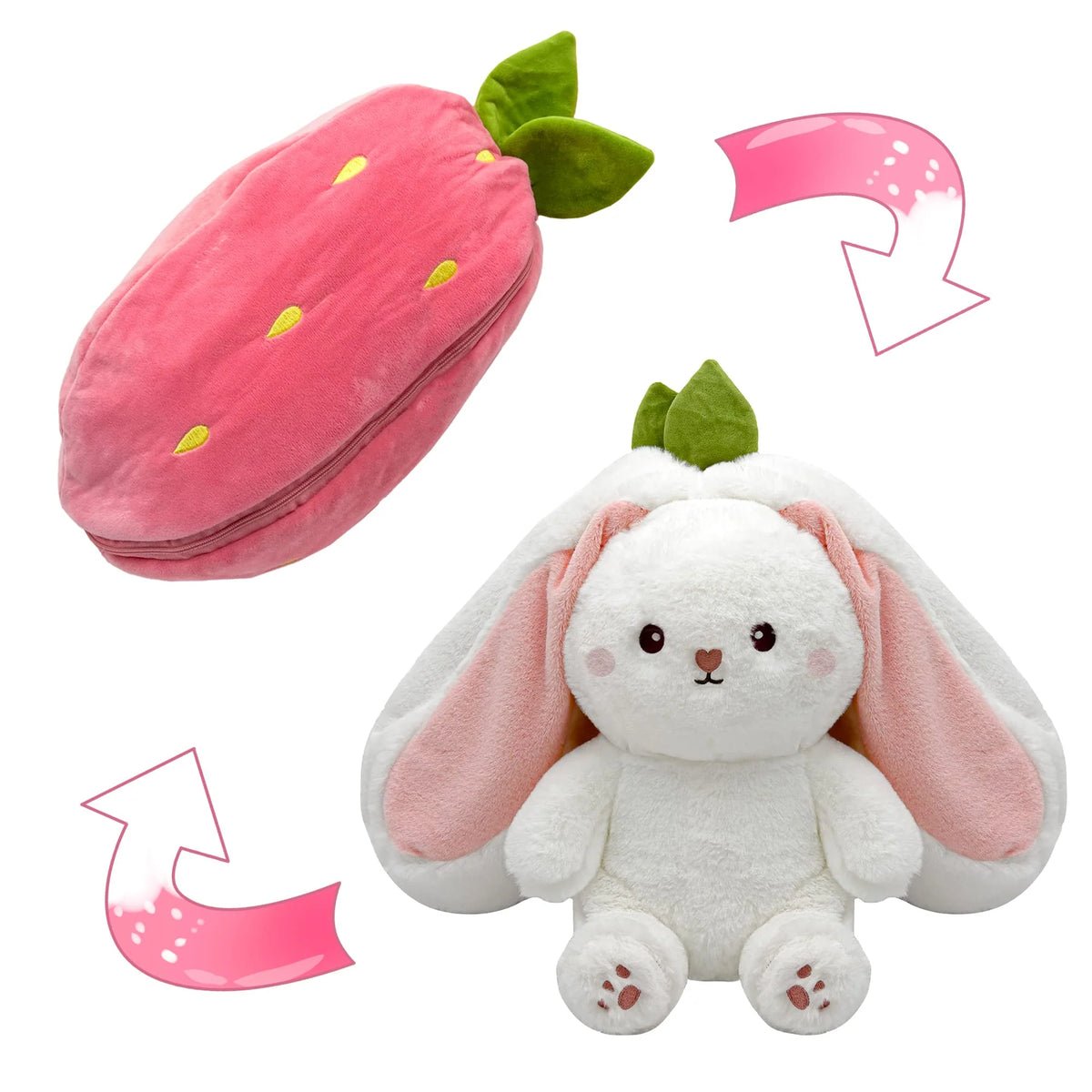 Plush toy rabbit with pink ears and green leaves, next to a pink strawberry-shaped pouch on a white background.