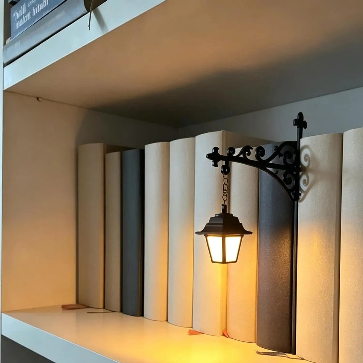 Dark academia bookshelf lantern, full product view