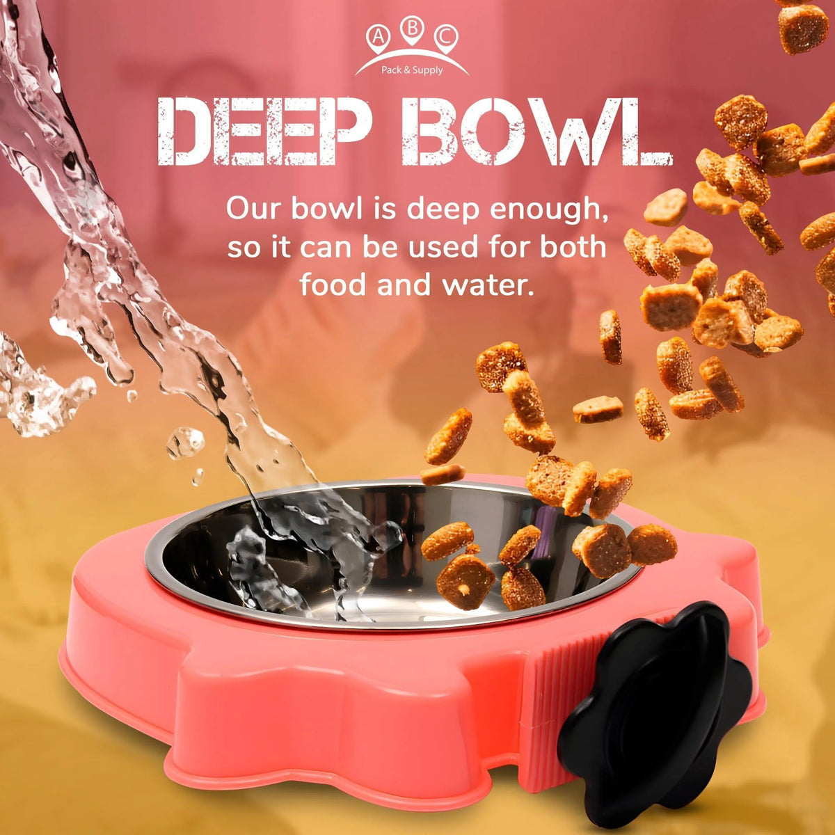 Pet bowl with water and food, labeled 'Deep Bowl' on a colorful background.