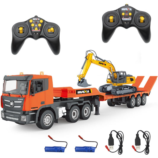 RC Semi Truck & Excavator Toy Set 2.4Ghz Remote Control Flatbed Truck with Excavator