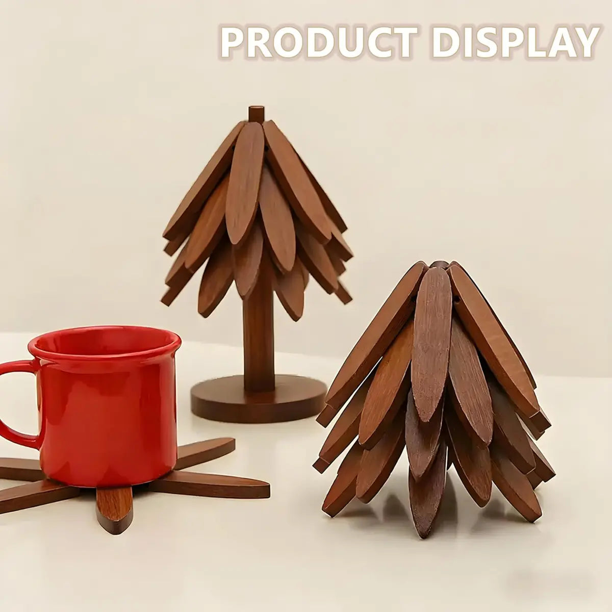 Natural Tree Wooden Trivet Set - 5 Trivets & 1 Stand, Heat-Resistant Foldable Kitchenware, Durable Solid Wood, Home Tree-Shaped Coasters for Hot Dishes, Multi-Functional, Christmas Gift