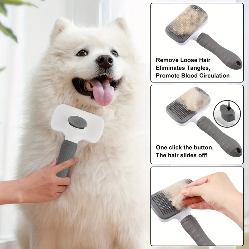 Dog being groomed with a grooming brush, with text highlighting benefits on a white background.
