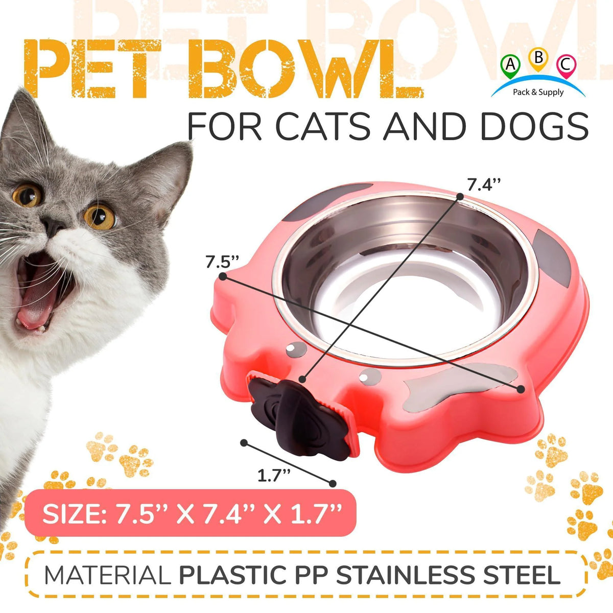 Pet bowl for cats and dogs with a cat's face on the left and product details on the right.