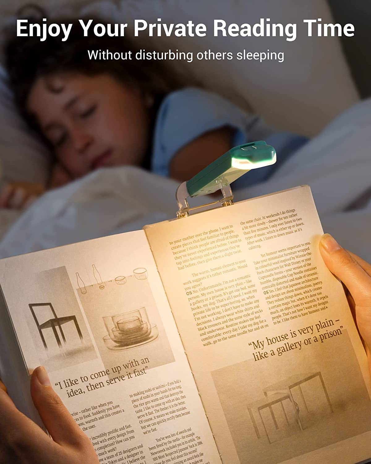 Person reading a book with a green light on it, lying down.