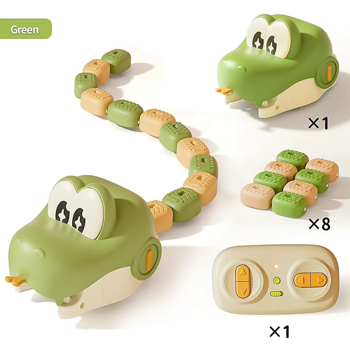 A green and cream rc greedy snake toy set shown on a white background, including two crocodile-head robots, a beige remote control, and multiple small square food pieces. A green label in the top left reads 'Green' and quantity multipliers x1, x8, and x1 appear beside the components.