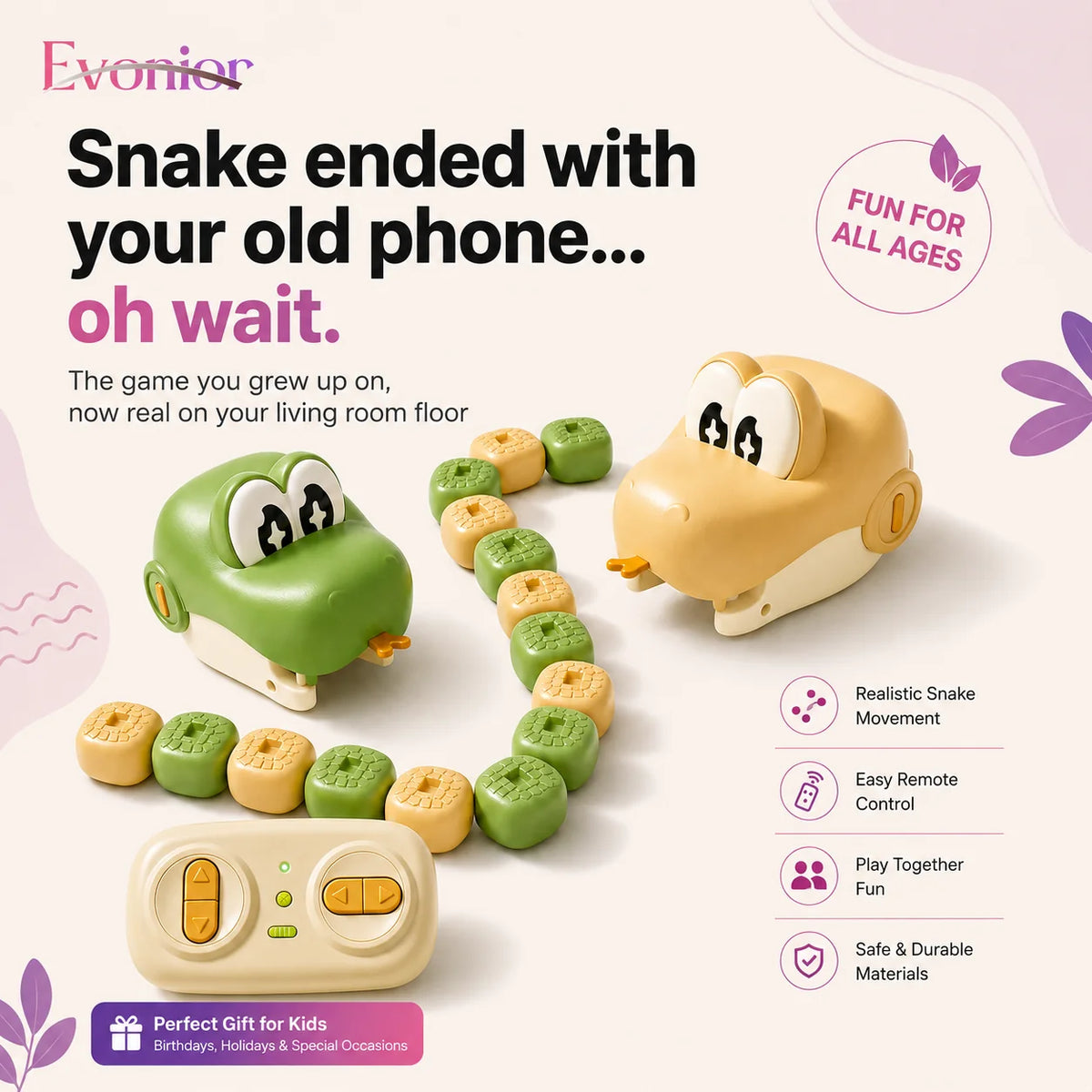 A children's toy game set on a light beige background with promotional text. The set includes a green snake-shaped remote control, a yellow snake-shaped game base, and a curved trail of round green and yellow tokens.