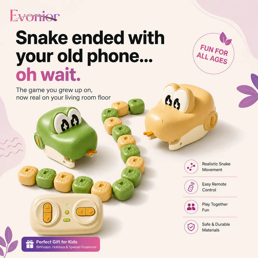 A children's toy game set on a light beige background with promotional text. The set includes a green snake-shaped remote control, a yellow snake-shaped game base, and a curved trail of round green and yellow tokens.