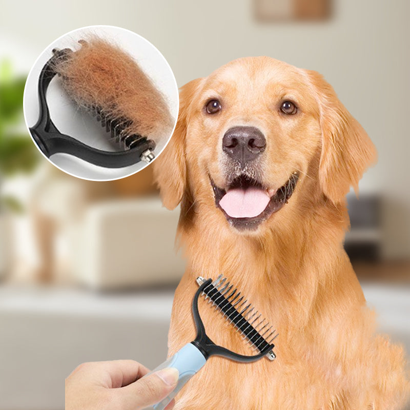 Dog being groomed with a grooming brush, showing collected fur, in a home setting.