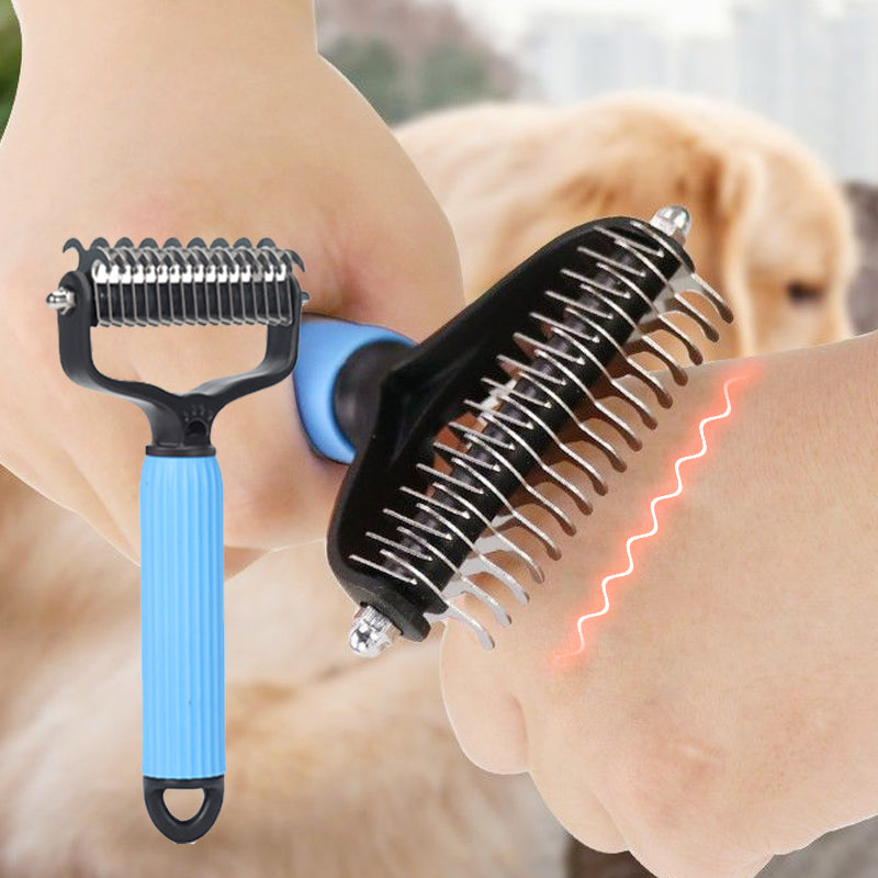 Pet grooming tools with a blurred background of a dog.