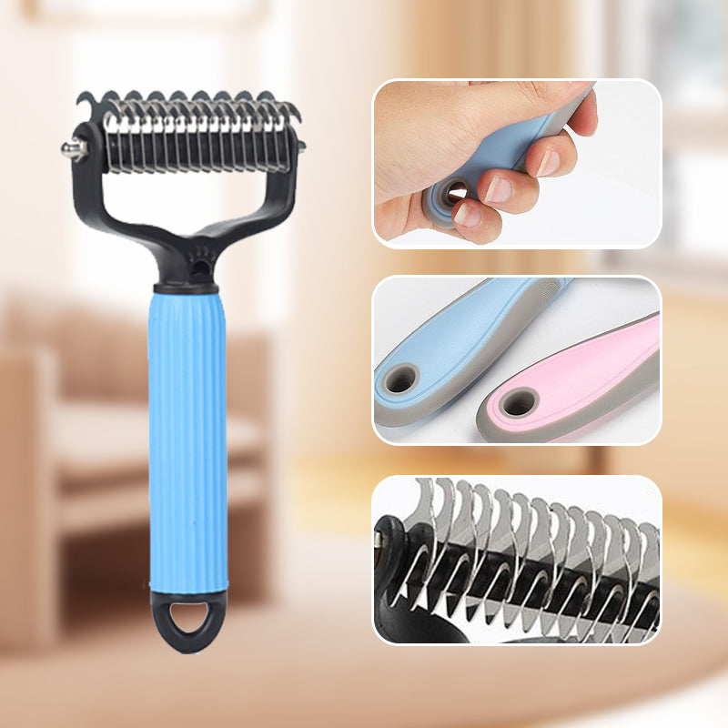 Pet grooming tool with blue handle and black bristles, shown from different angles.