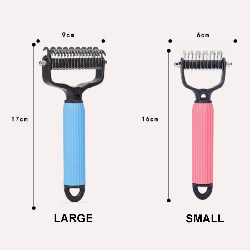 Two grooming tools, one large and one small, with measurements indicated on a white background.