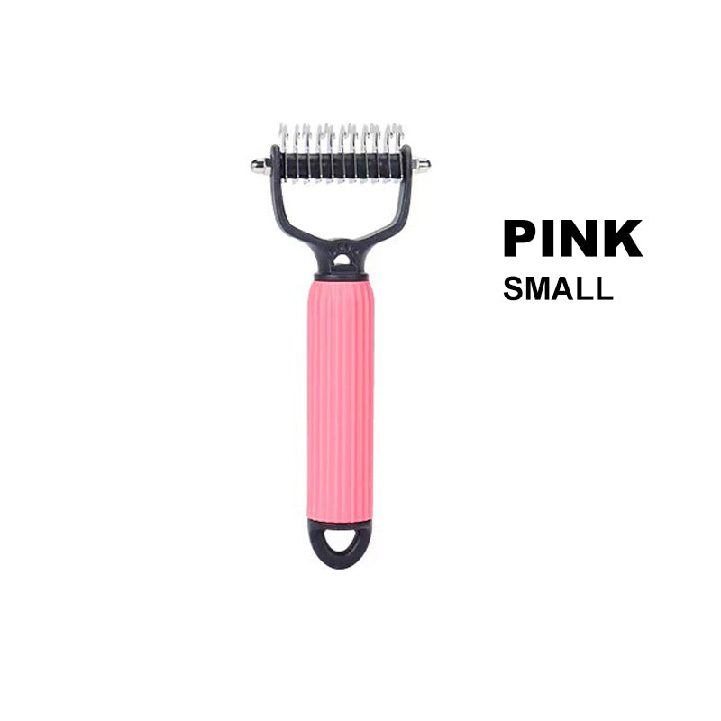 Pink grooming tool with black handle on a white background
