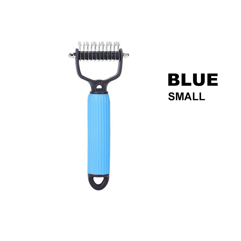 Blue dog grooming tool with black handle on a white background